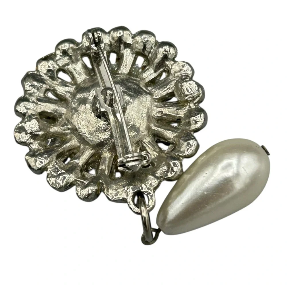 Vintage 1950s Pearl Rhinestone Drop Brooch | Mid Century Glam